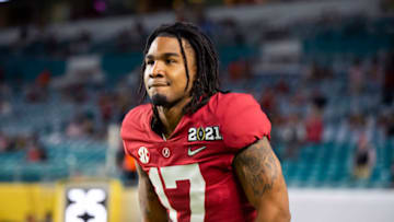 Jan 11, 2021; Miami Gardens, Florida, USA; Alabama Crimson Tide wide receiver Jaylen Waddle (17) against the Ohio State Buckeyes in the 2021 College Football Playoff National Championship Game. Mandatory Credit: Mark J. Rebilas-USA TODAY Sports