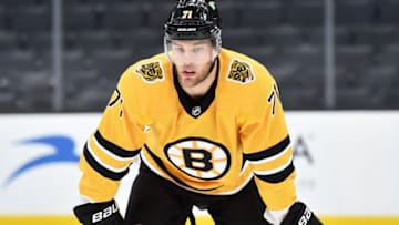 Apr 15, 2021; Boston, Massachusetts, USA; Boston Bruins left wing Taylor Hall (71) gets ready for a face-off during the third period against the New York Islanders at TD Garden. Mandatory Credit: Bob DeChiara-USA TODAY Sports