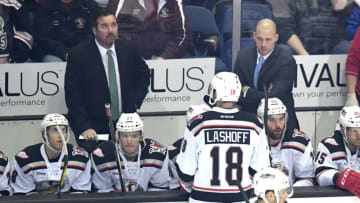 ROSEMONT, IL - MARCH 18: Grand Rapids Griffins head coach Todd Nelson and the bench during an AHL hockey game between the Chicago Wolves and Grand Rapids Griffins on March 18, 2017, at the Allstate Arena in Rosemont, IL. Griffins won 3-2 in overtime. (Photo by Patrick Gorski/Icon Sportswire via Getty Images)