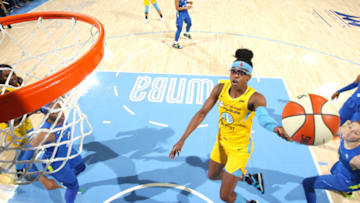 CHICAGO, IL - JULY 7: Diamond DeShields #1 of the Chicago Sky drives to the basket during the game against the Dallas Wings on July 7, 2019 at the Wintrust Arena in Chicago, Illinois. NOTE TO USER: User expressly acknowledges and agrees that, by downloading and or using this photograph, User is consenting to the terms and conditions of the Getty Images License Agreement. Mandatory Copyright Notice: Copyright 2019 NBAE (Photo by Gary Dineen/NBAE via Getty Images)