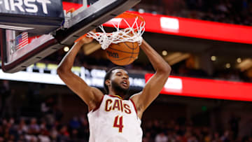 Jan 12, 2022; Salt Lake City, Utah, USA; Cleveland Cavaliers center Evan Mobley (4) dunks the ball in the first quarter against the Utah Jazz at Vivint Arena. Mandatory Credit: Jeffrey Swinger-USA TODAY Sports