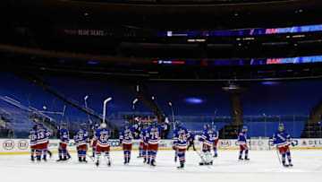 The New York Rangers celebrate their 5-0 shutout (Photo by Bruce Bennett/Getty Images)