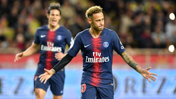 TOPSHOT - Paris Saint-Germain's Brazilian forward Neymar celebrates after he scored a penalty during the French L1 football match Monaco vs Paris Saint-Germain on November 11, 2018 at the "Louis II Stadium" in Monaco. (Photo by YANN COATSALIOU / AFP) (Photo credit should read YANN COATSALIOU/AFP/Getty Images)
