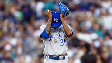 Apr 30, 2016; Seattle, WA, USA; Kansas City Royals starting pitcher Yordano Ventura (30) collects himself after a mound visit during the first inning against the Seattle Mariners at Safeco Field. Mandatory Credit: Joe Nicholson-USA TODAY Sports