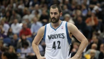 Nov 30, 2012; Minneapolis, MN, USA; Minnesota Timberwolves forward Kevin Love (42) against the Milwaukee Bucks at the Target Center. The Timberwolves defeated the Bucks 95-85. Mandatory Credit: Brace Hemmelgarn-USA TODAY Sports
