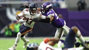 MINNEAPOLIS, MN - DECEMBER 31: Kendall Wright #13 of the Chicago Bears is tackled with the ball by Danielle Hunter #99 of the Minnesota Vikings in the fourth quarter of the game on December 31, 2017 at U.S. Bank Stadium in Minneapolis, Minnesota. (Photo by Hannah Foslien/Getty Images)