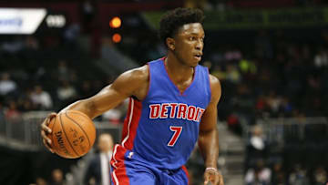 Oct 13, 2016; Atlanta, GA, USA; Detroit Pistons forward Stanley Johnson (7) dribbles the ball against the Atlanta Hawks in the second quarter at Philips Arena. Mandatory Credit: Brett Davis-USA TODAY Sports