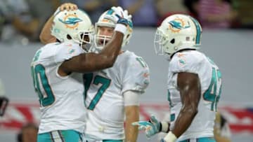 Sep 28, 2014; London, UNITED KINGDOM; Miami Dolphins tight end Dion Sims (80) celebrates with quarterback Ryan Tannehill (17) and tight end Charles Clay (42) after an 18-yard touchdown reception in the second quarter against the Oakland Raiders in the NFL International Series game at Wembley Stadium. Mandatory Credit: Kirby Lee-USA TODAY Sports
