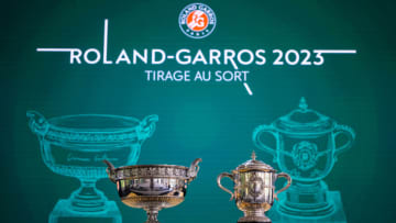 PARIS, FRANCE - MAY 25: The La Coupe des Mousquetaires and Coupe Suzanne Lenglen sit on a table during the official draw ceremony ahead of Roland Garros on May 25, 2023 in Paris, France (Photo by Robert Prange/Getty Images)
