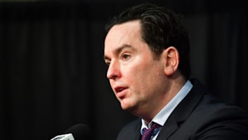 Apr 29, 2023; Los Angeles, California, USA; Edmonton Oilers head coach Jay Woodcroft speaks with media following game six of the first round of the 2023 Stanley Cup Playoffs at Crypto.com Arena. Mandatory Credit: Gary A. Vasquez-USA TODAY Sports