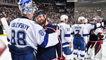 COLUMBUS, OH - APRIL 16: Nick Foligno #71 of the Columbus Blue Jackets shakes hands with goaltender Andrei Vasilevskiy #88 of the Tampa Bay Lightning after Game Four of the Eastern Conference First Round during the 2019 NHL Stanley Cup Playoffs on April 16, 2019 at Nationwide Arena in Columbus, Ohio. Columbus defeated Tampa Bay 7-3 to win the series 4-0. (Photo by Jamie Sabau/NHLI via Getty Images)
