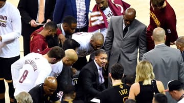 Jun 13, 2016; Oakland, CA, USA; Cleveland Cavaliers head coach Tyronn Lue talks to his team during the second quarter against the Golden State Warriors in game five of the NBA Finals at Oracle Arena. Mandatory Credit: Bob Donnan-USA TODAY Sports