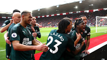 Allan Saint-Maximin of Newcastle United celebrates with teammates. (Photo by Jordan Mansfield/Getty Images)
