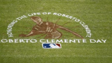 Sep 17, 2015; Pittsburgh, PA, USA; A logo on the field recognizing September 16h as Roberto Clemente Day in baseball as thePittsburgh Pirates host the Chicago Cubs at PNC Park. Mandatory Credit: Charles LeClaire-USA TODAY Sports
