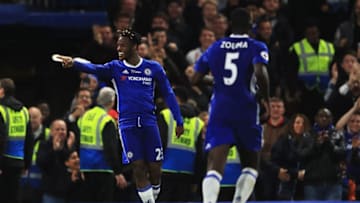 LONDON, ENGLAND - MAY 15: Michy Batshuayi of Chelsea celebrates scoring his sides third goal during the Premier League match between Chelsea and Watford at Stamford Bridge on May 15, 2017 in London, England. (Photo by Richard Heathcote/Getty Images)