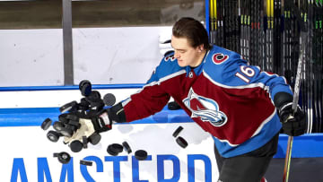 EDMONTON, ALBERTA - SEPTEMBER 04: Nikita Zadorov #16 of the Colorado Avalanche knocks the pucks off the boards during warmups prior to Game Seven of the Western Conference Second Round against the Dallas Stars during the 2020 NHL Stanley Cup Playoffs at Rogers Place on September 04, 2020 in Edmonton, Alberta, Canada. (Photo by Bruce Bennett/Getty Images)