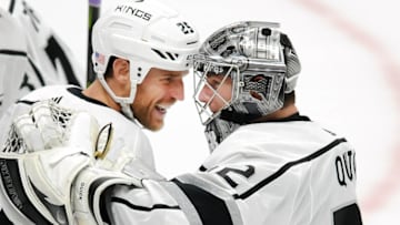 ANAHEIM, CA - NOVEMBER 07: Los Angeles Kings goalie Jonathan Quick (32) and center Brooks Laich (25) celebrate after the Kings defeated the Anaheim Ducks in overtime 4 to 3 in a game played on November 7, 2017 at the Honda Center in Anaheim, CA. (Photo by John Cordes/Icon Sportswire via Getty Images)