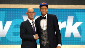 NEW YORK, NY - JUNE 21: Kevin Knox poses with NBA Commissioner Adam Silver after being drafted ninth overall by the New York Knicks during the 2018 NBA Draft at the Barclays Center on June 21, 2018 in the Brooklyn borough of New York City. NOTE TO USER: User expressly acknowledges and agrees that, by downloading and or using this photograph, User is consenting to the terms and conditions of the Getty Images License Agreement. (Photo by Mike Stobe/Getty Images)