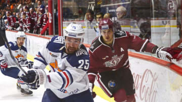 Danis Zaripov (L) and Krisjanis Redlins (L) during the game between Dinamo Riga and Metallurg Magnitogorsk at Tondiraba Ice Hall in Tallinn, capital city of Estonia on December 2, 2016. First ever in KHL history game plays in Estonia.(Photo by Sergei Stepanov/NurPhoto via Getty Images)