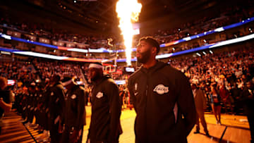 SAN FRANCISCO, CALIFORNIA - OCTOBER 05: Anthony Davis (right) #3 stands next to LeBron James #23 of the Los Angeles Lakers during the National Anthem before their game against the Golden State Warriors at Chase Center on October 05, 2019 in San Francisco, California. NOTE TO USER: User expressly acknowledges and agrees that, by downloading and or using this photograph, User is consenting to the terms and conditions of the Getty Images License Agreement. (Photo by Ezra Shaw/Getty Images)