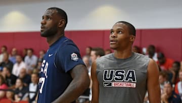 LAS VEGAS, NV - AUGUST 12: LeBron James #27 (L) and Russell Westbrook #31 of the 2015 USA Basketball Men's National Team attend a practice session at the Mendenhall Center on August 12, 2015 in Las Vegas, Nevada. (Photo by Ethan Miller/Getty Images)