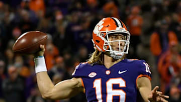 CLEMSON, SOUTH CAROLINA - NOVEMBER 17: Quarterback Trevor Lawrence #16 of the Clemson Tigers drops back to pass against the Duke Blue Devils during their football game at Clemson Memorial Stadium on November 17, 2018 in Clemson, South Carolina. (Photo by Mike Comer/Getty Images)