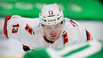 Warren Foegele #13, Carolina Hurricanes Mandatory Credit: Jerome Miron-USA TODAY Sports
