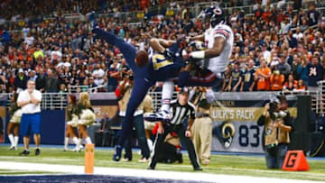Nov 15, 2015; St. Louis, MO, USA; St. Louis Rams cornerback Janoris Jenkins (21) breaks up a pass intended for Chicago Bears wide receiver Alshon Jeffery (17) during the first half at the Edward Jones Dome. Mandatory Credit: Jeff Curry-USA TODAY Sports