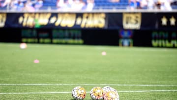 Oct 25, 2015; Orlando, FL, USA; Nike soccer balls on the field prior to an exhibition match in the women
