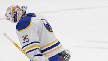 Jan 24, 2021; Washington, District of Columbia, USA; Buffalo Sabres goaltender Linus Ullmark (35) reacts after the Sabres' shootout victory against the Washington Capitals at Capital One Arena. Mandatory Credit: Geoff Burke-USA TODAY Sports
