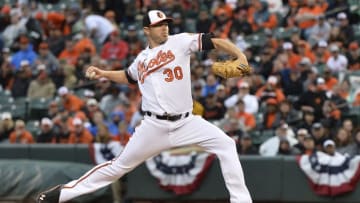 Apr 4, 2016; Baltimore, MD, USA; Baltimore Orioles starting pitcher Chris Tillman (30) pitches during the first inning against the Minnesota Twins at Oriole Park at Camden Yards. Mandatory Credit: Tommy Gilligan-USA TODAY Sports