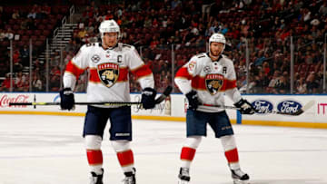 SUNRISE, FL - FEBRUARY 21: Aleksander Barkov #16 and Jonathan Huberdeau #11 of the Florida Panthers gets set for a face off against the Carolina Hurricanes at the BB&T Center on February 21, 2019 in Sunrise, Florida. (Photo by Eliot J. Schechter/NHLI via Getty Images)