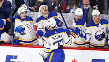 Nov 17, 2023; Winnipeg, Manitoba, CAN; Buffalo Sabres right wing JJ Peterka (77) celebrates his first period goal against the Winnipeg Jets at Canada Life Centre. Mandatory Credit: James Carey Lauder-USA TODAY Sports