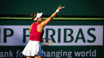 INDIAN WELLS, CALIFORNIA - MARCH 09: Desirae Krawczyk of the United States playing with partner Demi Schuurs of the Netherlands against Karolina Pliskova of the Czech Republic and Petra Martic of Croatia in their first-round doubles match on Day 4 of the 2023 BNP Paribas Open at the Indian Wells Tennis Garden on March 09, 2023 in Indian Wells, California (Photo by Robert Prange/Getty Images)