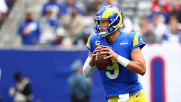 EAST RUTHERFORD, NJ - OCTOBER 17: Matthew Stafford #9 of the Los Angeles Rams in action against the New York Giants during a game at MetLife Stadium on October 17, 2021 in East Rutherford, New Jersey. (Photo by Rich Schultz/Getty Images)