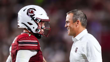 South Carolina football head coach Shane Beamer and quarterback Spencer Rattler. Mandatory Credit: Jeff Blake-USA TODAY Sports