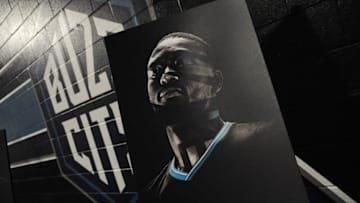 Apr 23, 2016; Charlotte, NC, USA; A stylized portrait of Charlotte Hornets guard Kemba Walker (15) is displayed in the arena before game three of the first round of the NBA Playoffs against the Miami Heat at Time Warner Cable Arena. Mandatory Credit: Sam Sharpe-USA TODAY Sports