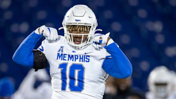 Auburn footballNov 28, 2020; Annapolis, Maryland, USA; Memphis Tigers defensive lineman Morris Joseph (10) celebrates after recording a sack against the Navy Midshipmen during the first half at Navy-Marine Corps Memorial Stadium. Mandatory Credit: Scott Taetsch-USA TODAY Sports