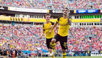 CHARLOTTE, UNITED STATES - JULY 22: Christian Pulisic of Borussia Dortmund celebrates after scoring the goal to the 1:2 during the International Champions Cup 2018 as part of the Borussia Dortmund US Tour 2018 on July 22, 2018 in Charlotte, United States. (Photo by Alexandre Simoes/Borussia Dortmund/Getty Images)