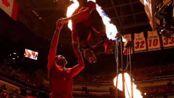 Bam Adebayo #13 of the Miami Heat is introduced prior to a game against the Detroit Pistons (Photo by Megan Briggs/Getty Images)