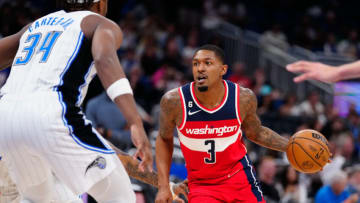 Mar 21, 2023; Orlando, Florida, USA; Washington Wizards guard Bradley Beal (3) dribbles the ball up the court against the Orlando Magic during the second half at Amway Center. Mandatory Credit: Rich Storry-USA TODAY Sports
