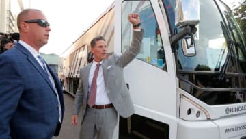 Oklahoma Sooners head coach Brent Venables gestures to the crowd as he arrives before the Red River Showdown college football game between the University of Oklahoma (OU) and Texas at the Cotton Bowl in Dallas, Saturday, Oct. 8, 2022.Lx14802