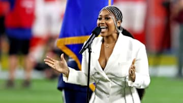Feb 4, 2020; Tampa, FL, USA; Jazmine Sullivan performs the national anthem before Super Bowl LV between the Kansas City Chiefs and the Tampa Bay Buccaneers at Raymond James Stadium. Mandatory Credit: Matthew Emmons-USA TODAY Sports