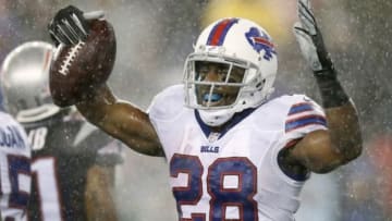 Dec 29, 2013; Foxborough, MA, USA; Buffalo Bills running back C.J. Spiller (28) celebrates a touchdown against the New England Patriots during the second half of New England