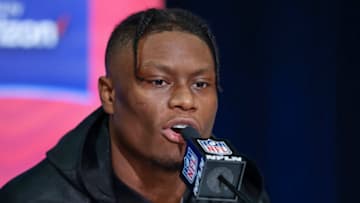 INDIANAPOLIS, IN - MAR 02: George Pickens #WO23 of the Georgia Bulldogs speaks to reporters during the NFL Draft Combine at the Indiana Convention Center on March 2, 2022 in Indianapolis, Indiana. (Photo by Michael Hickey/Getty Images)