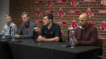 BOSTON, MA - OCTOBER 6: General Manager Brian OHalloran, President & CEO Sam Kennedy, Chief Baseball Officer Chaim Bloom, and Manager Alex Cora of the Boston Red Sox address the media during a press conference following the final game of the 2022 season on October 6, 2022 at Fenway Park in Boston, Massachusetts. (Photo by Billie Weiss/Boston Red Sox/Getty Images)