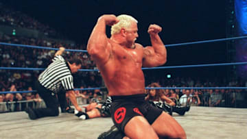 09 Oct 2000: Scott Steiner celebrates defeating Ray Mysterio Jr after their bout at the World Chamionship Wrestling ''Thunder Down Under'' night at the Sydney Entertainment Centre, Sydney, Australia. Mandatory Credit: Scott Barbour/ALLSPORT