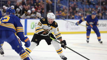 Nov 24, 2021; Buffalo, New York, USA; Boston Bruins left wing Brad Marchand (63) looks to take a shot on goal during the third period against the Buffalo Sabres at KeyBank Center. Mandatory Credit: Timothy T. Ludwig-USA TODAY Sports