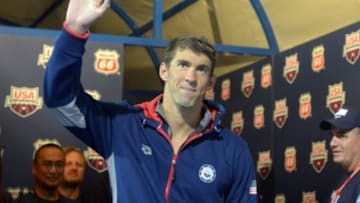 Aug 10, 2014; Irvine, CA, USA; Michael Phelps at the 2014 USA National Championships at William Woollett Jr. Aquatics Complex. Mandatory Credit: Kirby Lee-USA TODAY Sports