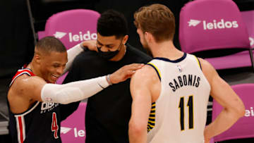 May 3, 2021; Washington, District of Columbia, USA; Washington Wizards guard Russell Westbrook (4) jokes with injured Indiana Pacers guard Jeremy Lamb (M) and Pacers forward Domantas Sabonis (11) after their game at Capital One Arena. Mandatory Credit: Geoff Burke-USA TODAY Sports